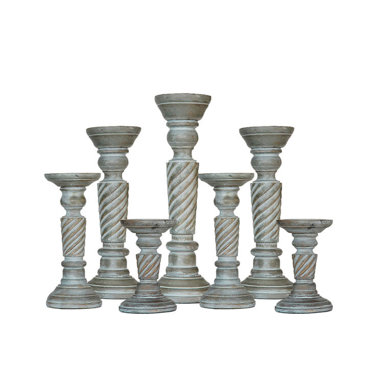 Traditional Antique Dusk Eco-friendly Handmade Mango Wood Set Of Seven 6",9",12",15",12",9" & 6" Pillar Candle Holder BBH Homes