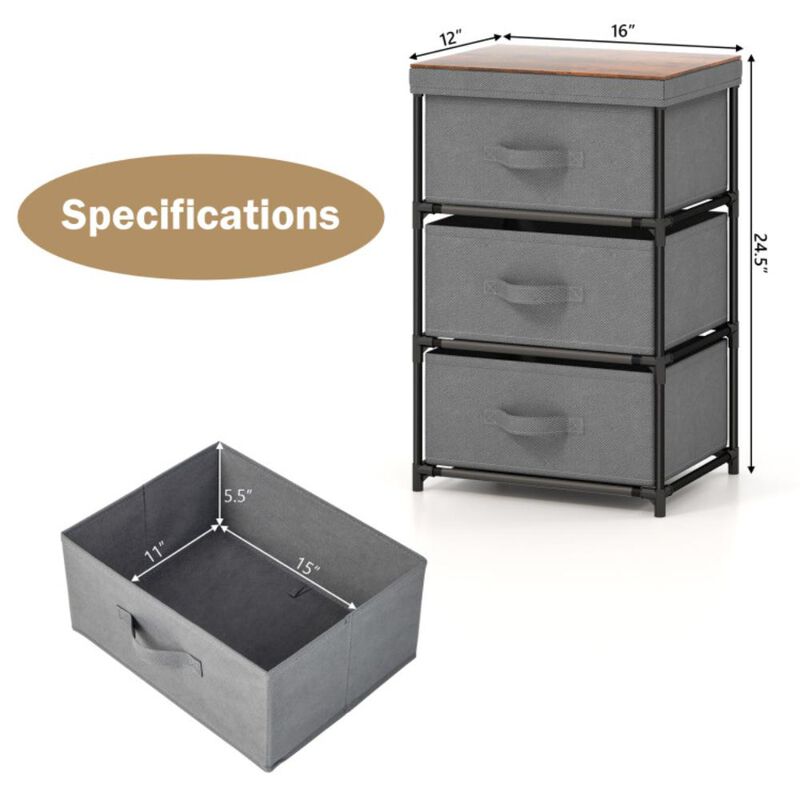 Hivvago 3-Tier Fabric Nightstand with Sturdy Metal Frame-Gray
