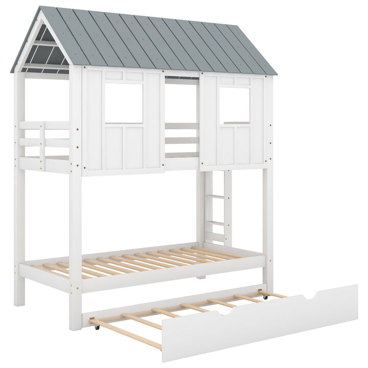 House Bunk Bed With Trundle, Roof And Windows Twin