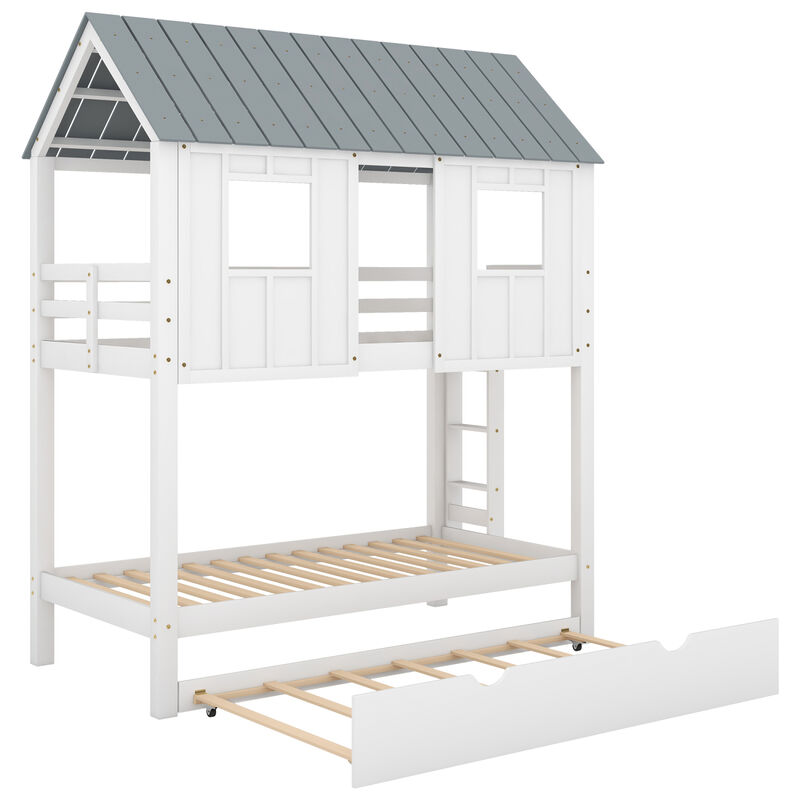 House Bunk Bed With Trundle, Roof And Windows Twin