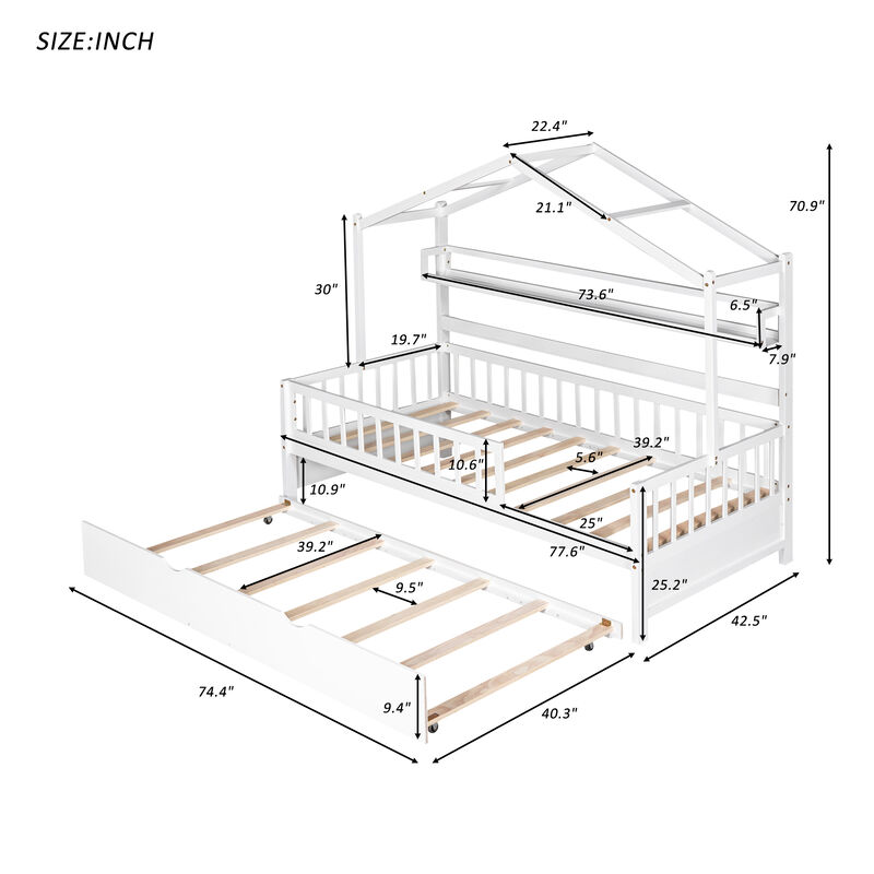 Merax Wooden House Bed with Twin Size Trundle