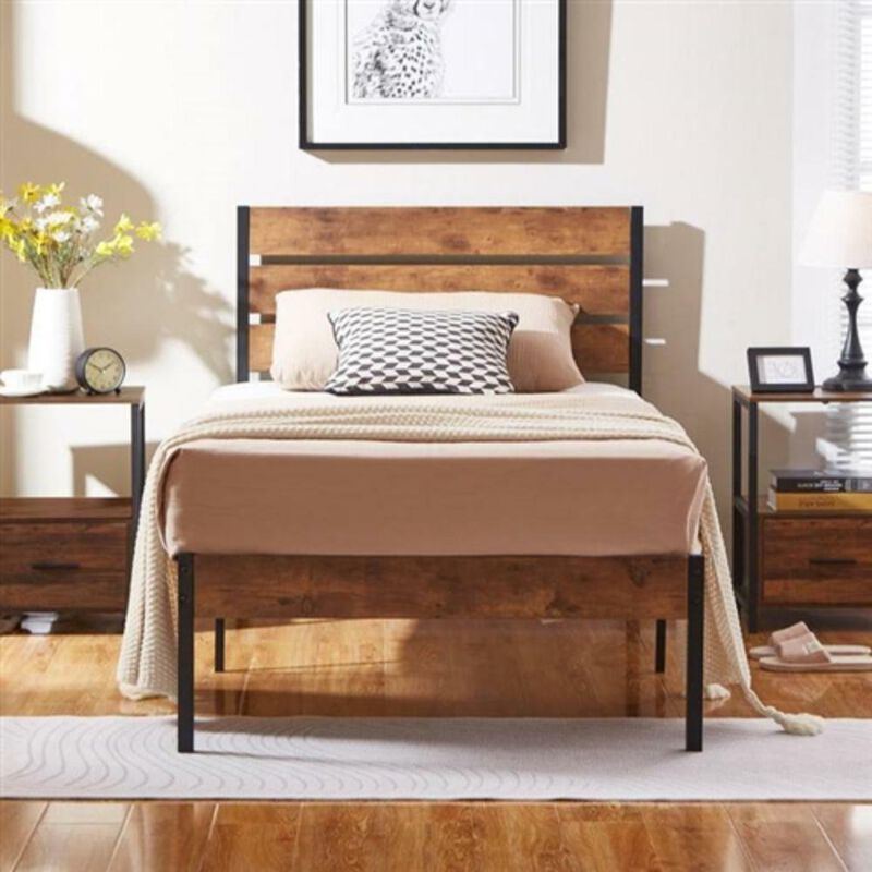 Hivvago Twin Industrial Platform Bed Frame with Brown Wood Slatted Headboard Footboard