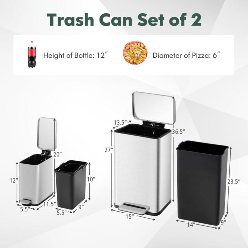 Hivvago 10.5 Gal and 1.6 Gal Step Trash Can Combo Set with Detachable Inner Buckets-Silver