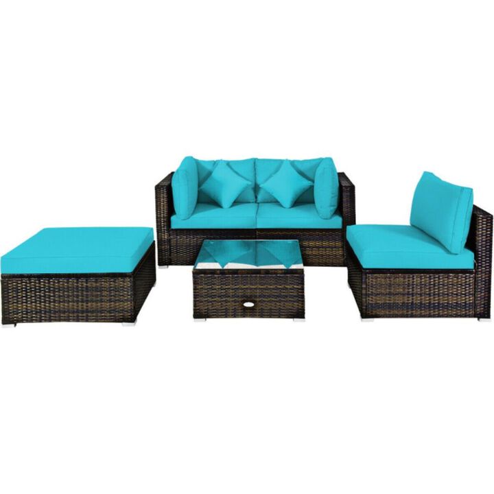 Hivvago 5 Pcs Outdoor Patio Rattan Furniture Set Sectional Conversation with Navy Cushions