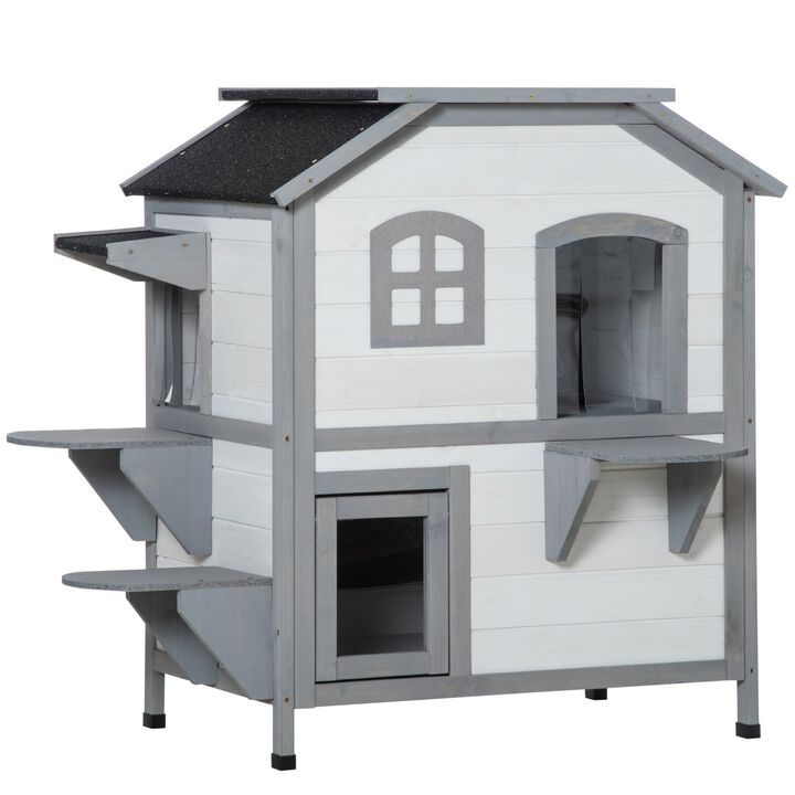 White Outdoor Cat Home: 2-Story Shelter with Escape Door and Platforms