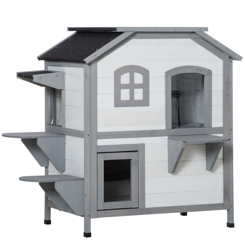White Outdoor Cat Home: 2-Story Shelter with Escape Door and Platforms