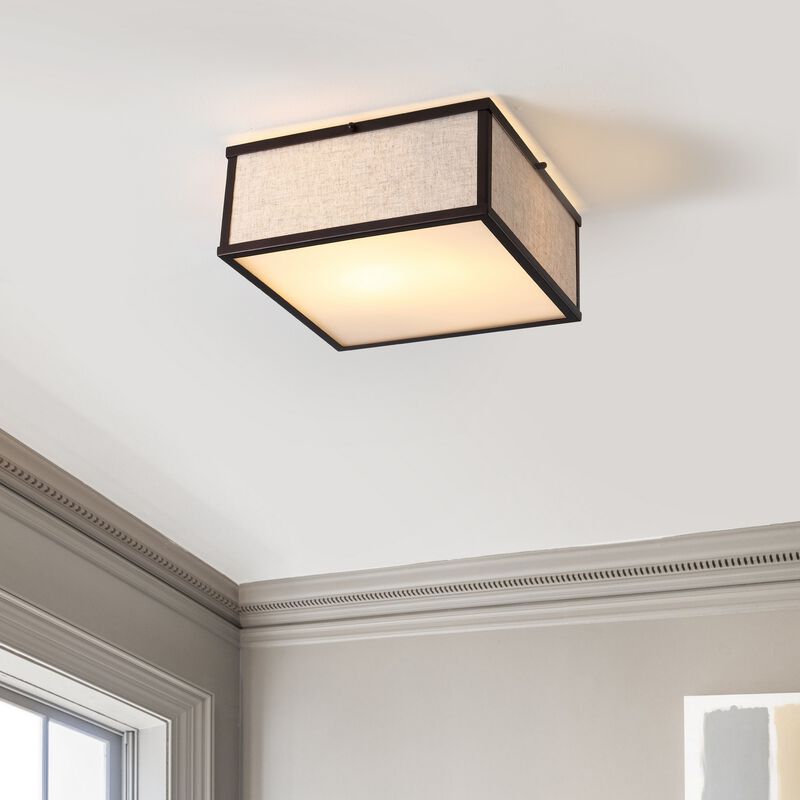 Grant 2-Light Minimalist Industrial Square Linen Iron LED Flush Mount