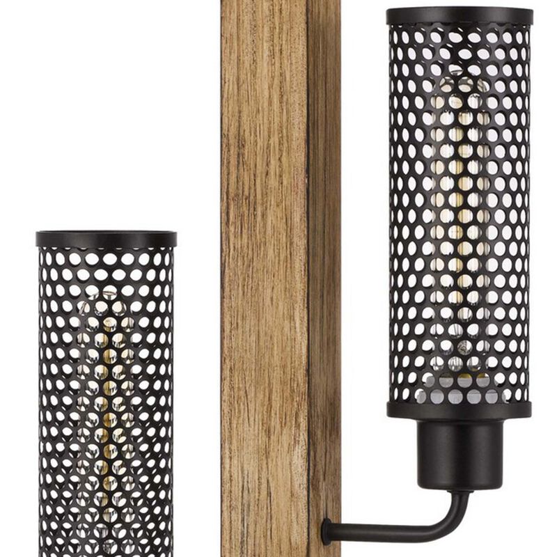 Wooden Table Lamp with 2 Metal Mesh Shades, Brown and Black-Benzara