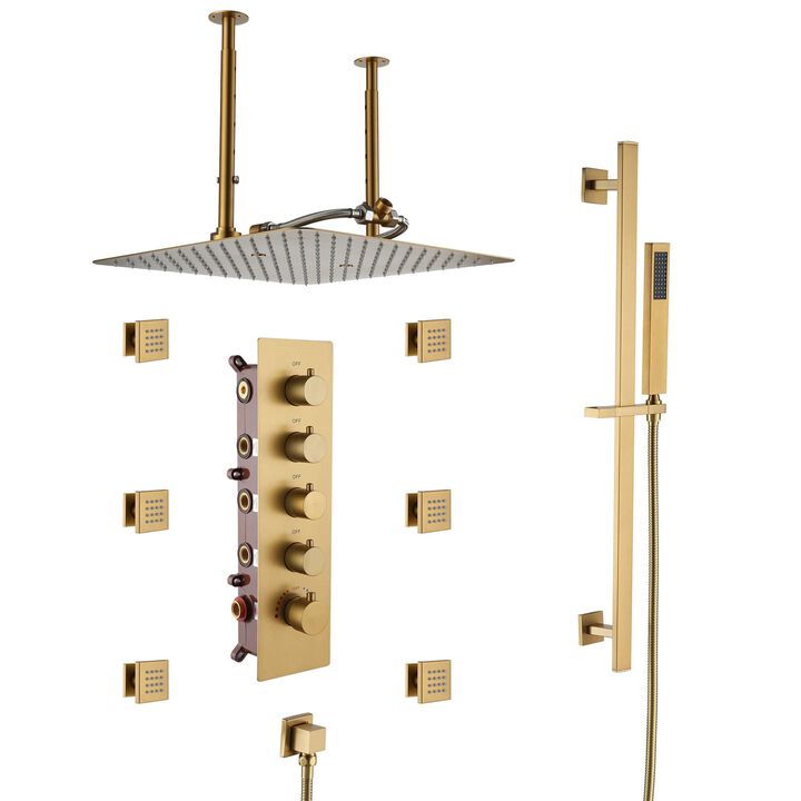 Mondawe 3 Functions 4 Sprays 16 Inch Ultra Thin Luxury Thermostatic Shower System with Slide Bar and 6 Body jets in Matte Black (Rough-in Valve Included)
