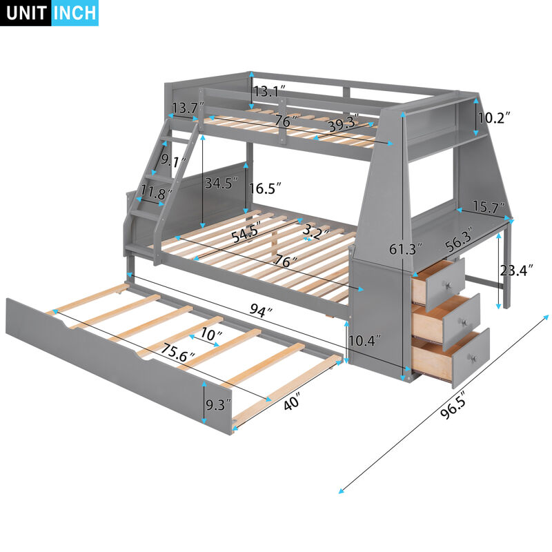Twin Over Full Bunk Bed With Trundle And Built-In Desk, Three Storage Drawers And Shelf