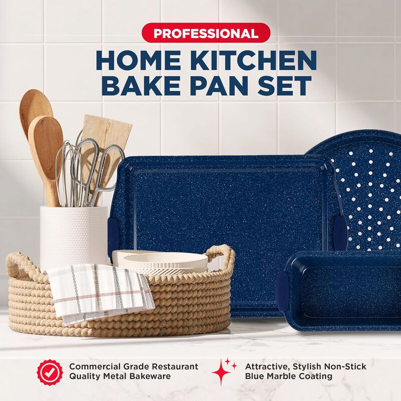 BAKKEN Kitchen Baking Pan Set - Nonstick Coating, Carbon Steel Bakeware Sets with Silicone Handles, Baking Kitchen Essentials, PFOA, PFOS, PTFE Free, Oven Safe Tray (Up To 450° F), Set of 8
