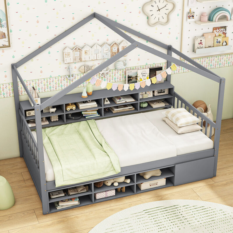 House Bed with Roof with 14 Storage Cubes and Enclosed Cabinet