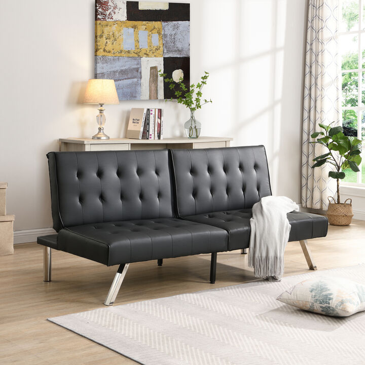 Wood Frame, Stainless Leg, Futon, Sofa Bed Black PVC