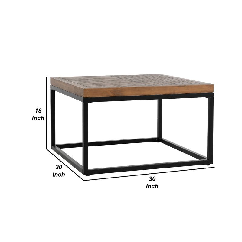 Nat 30 Inch Solid Wood Square Coffee Table, Herringbone, Brown, Black-Benzara