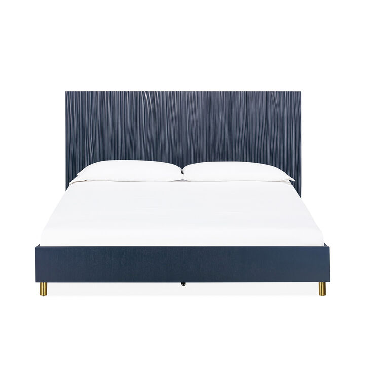 Herst Modern California King Bed, Brass Metal Legs, Wavy Texture Navy Blue - Benzara