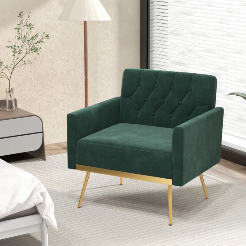 Modern Velvet Accent Chair with Button Tufted Back Golden Metal Legs and Adjustable Foot Pads