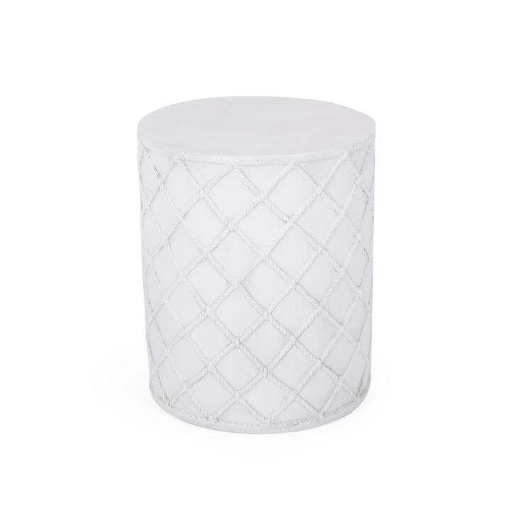 Outdoor End Table, Round 15 Inch Top, Antique White Faux Concrete - Benzara