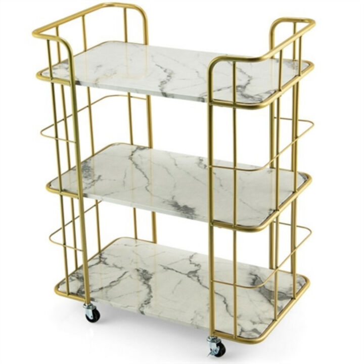 3-Tier Gold Bar Cart with Faux Marble Shelves and Rolling Wheels