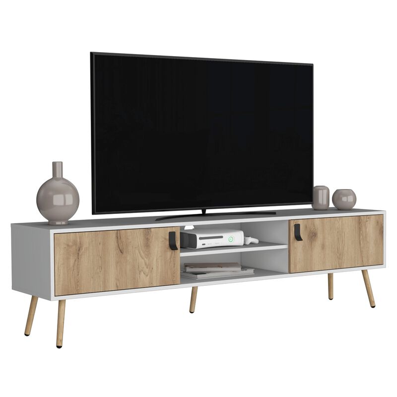 DEPOT E-SHOP Toka TV Rack with 2 Hinged Doors and�Central Shelves, White/Macadamia