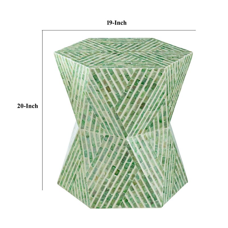 20 Inch Stool Table, Capiz Shell Inlay, Hexagonal Geometric Design, Green - Benzara