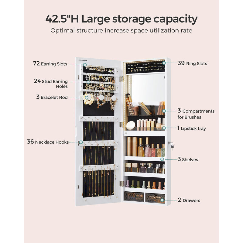 Jewelry Cabinet Armoire with LED Lights - Wall-Mounted with Full-Length Frameless Mirror