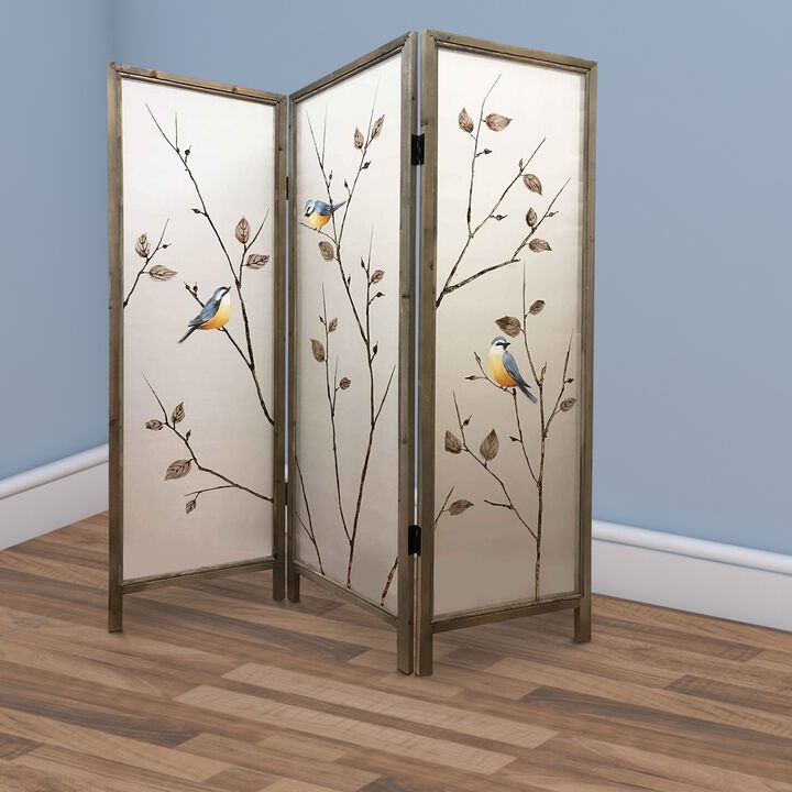 Art Styled 3 Panel Wooden Screen with Hand painted Fabric Design, Beige - Benzara