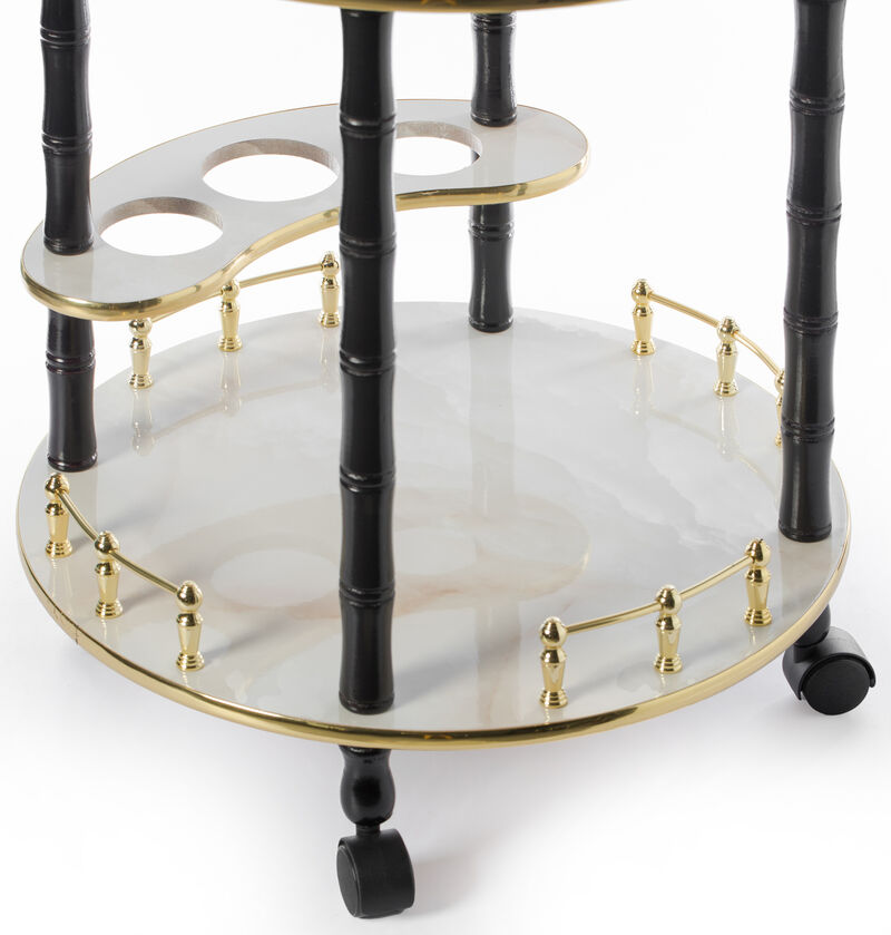 Round Wood Serving Bar Cart Tea Trolley with 2 Tier Shelves and Rolling Wheels, Silver, White and Gray