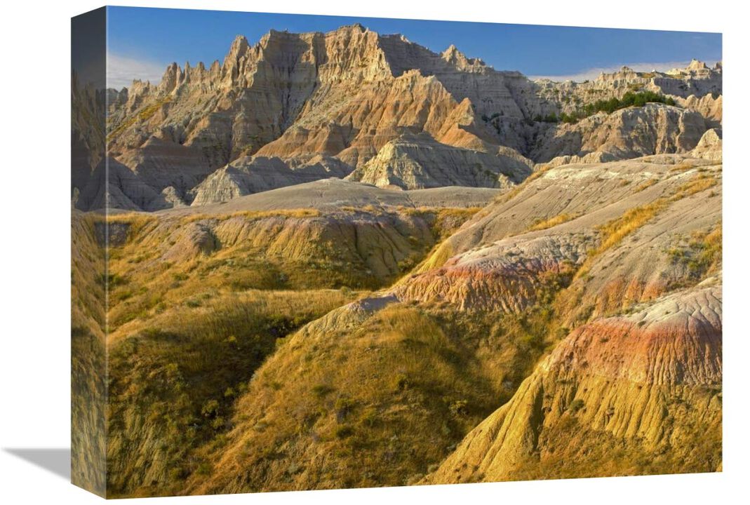 Eroded buttes showing layers of sedimentary rock, Badlands National Park, South Dakota-Canvas Art-16x12