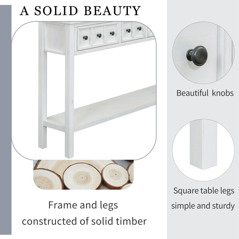 Antique White Console Table with Drawers and Shelf, 60" Long
