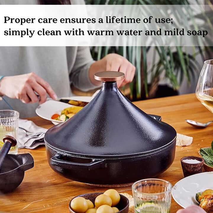 Alva Nori Enameled Cast Iron Tagine Pot 3 Qt. 11" Scratch Resistant Nonstick Stove-to-Table Enamel Coated Moroccan Pot, Non Toxic, Compatible with All Stovetops, Oven Safe & Induction Safe