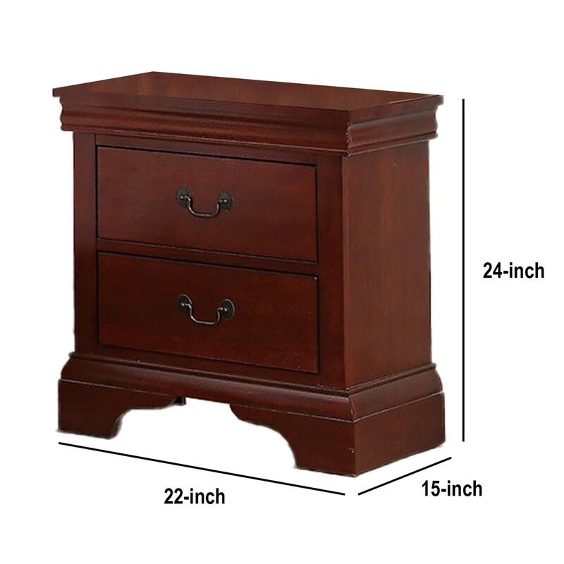 2 Drawer Wooden Nightstand with Panel Bracket Feet, Cherry Brown-Benzara