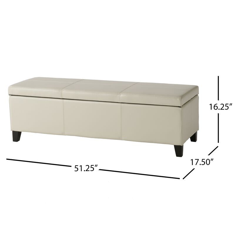 Elias Storage Ottoman Bench, Detailed Ivory Faux Leather, 51 Inch -Benzara