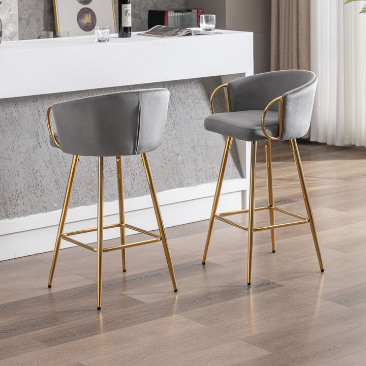 30 Inch Set Of 2 Bar Stools, With Chrome Footrest And Base Velvet + Leg Simple Barstool