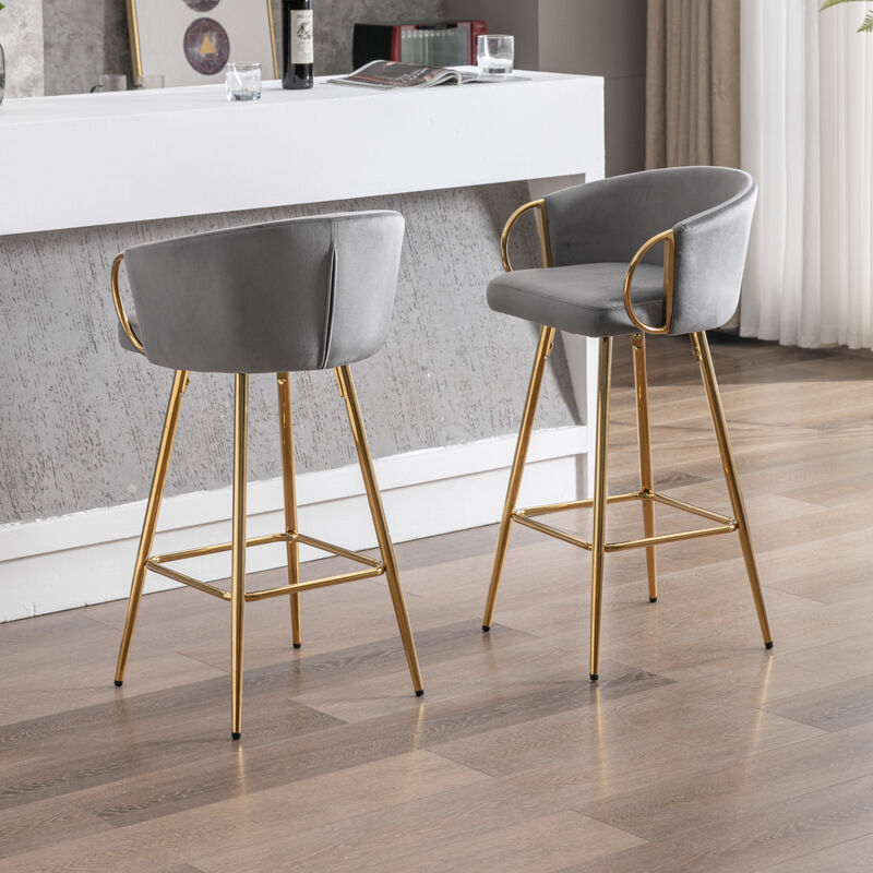30 Inch Set Of 2 Bar Stools, With Chrome Footrest And Base Velvet + Leg Simple Barstool