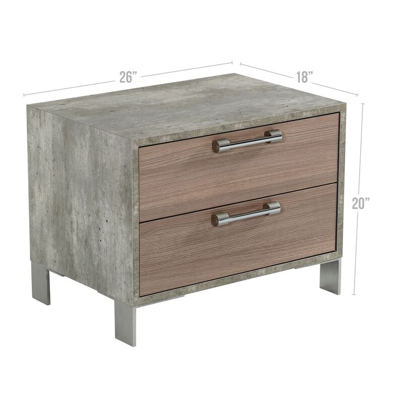 Noe Billy 26 Inch Nightstand, 2 Drawers, Gray Faux Concrete, Oak Laminate -Benzara