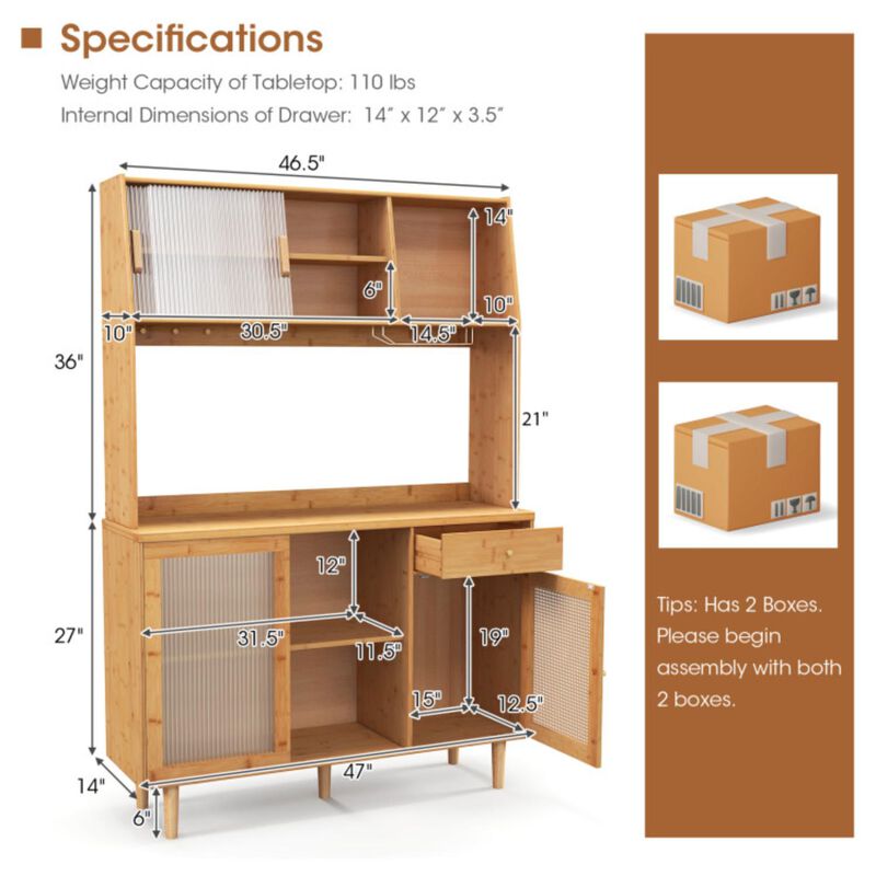 Hivvago 69 Inch Wine Bar Kitchen Cabinet with Sliding Tempered Glass and Rattan Door-Natural