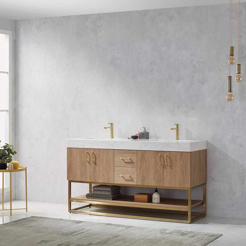 Vinnova Design 60 Double Vanity with White Grain Stone Countertop Without Mirror