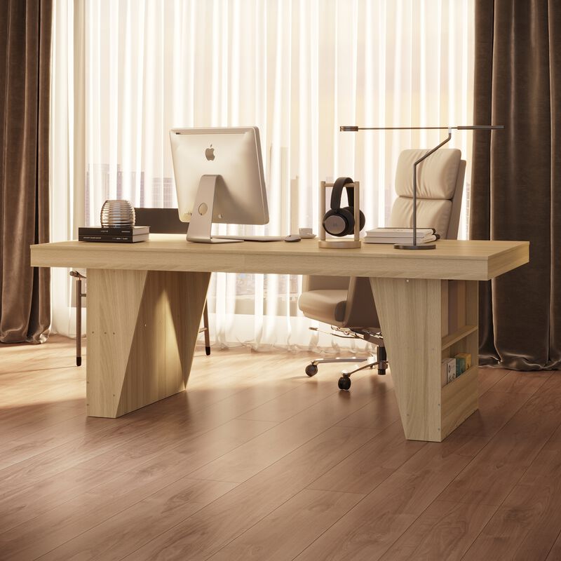 FUFU&GAGA Modern Wood Grain Office Desk with Storage Shelf, 2-Meter Length (78.7" W x 39.4" D x 29.6" H), Wood Grain Finish