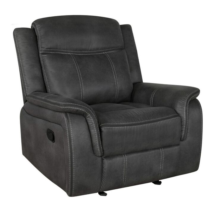 Lenard 41 Inch Manual Gliding Recliner, Piped Details, Charcoal Gray, Black-Benzara