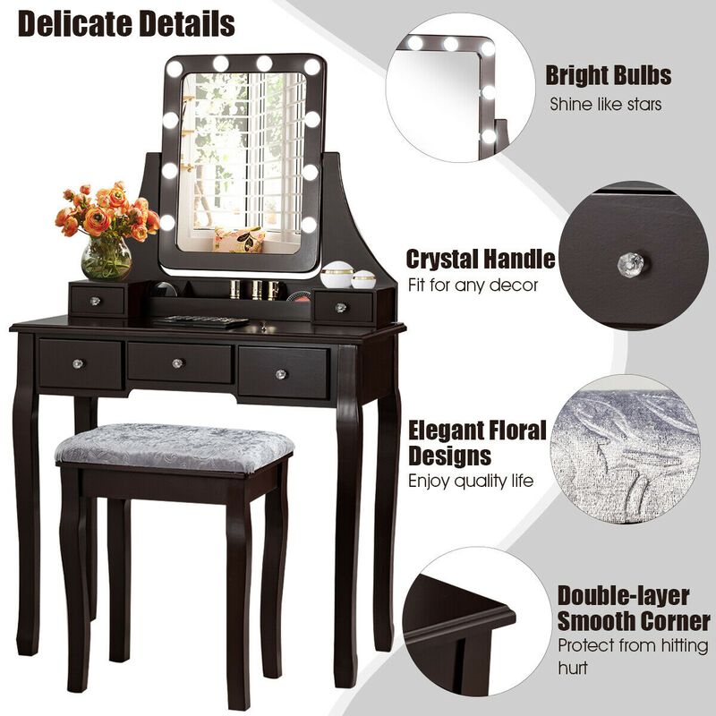 Vanity Dressing Table Set with 10 Dimmable Bulbs and Cushioned Stool