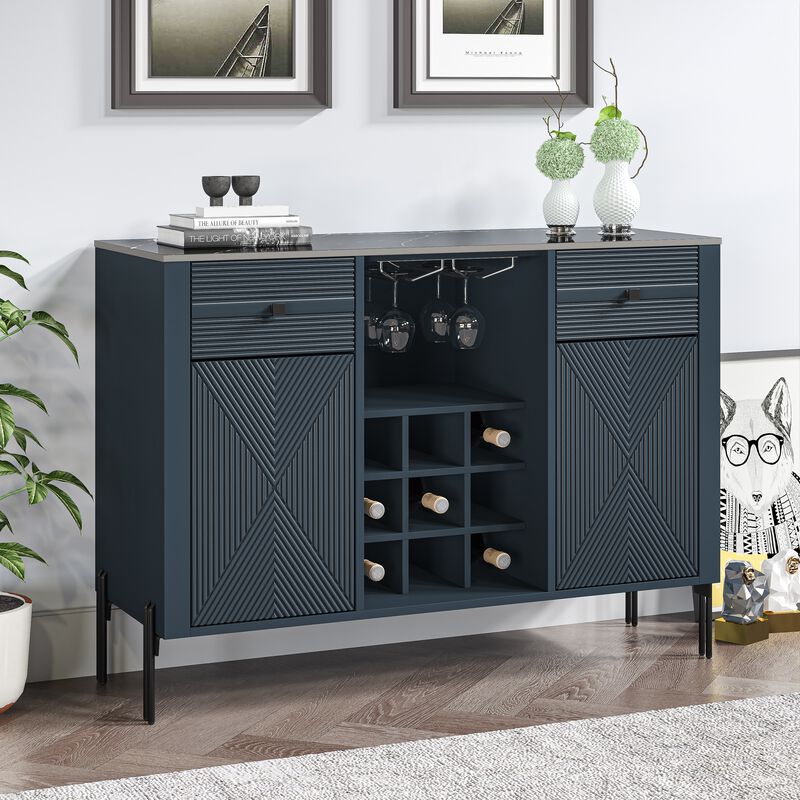 FESTIVO 42" Modern Wine Cabinet with Metal Glass Rack and Drawers