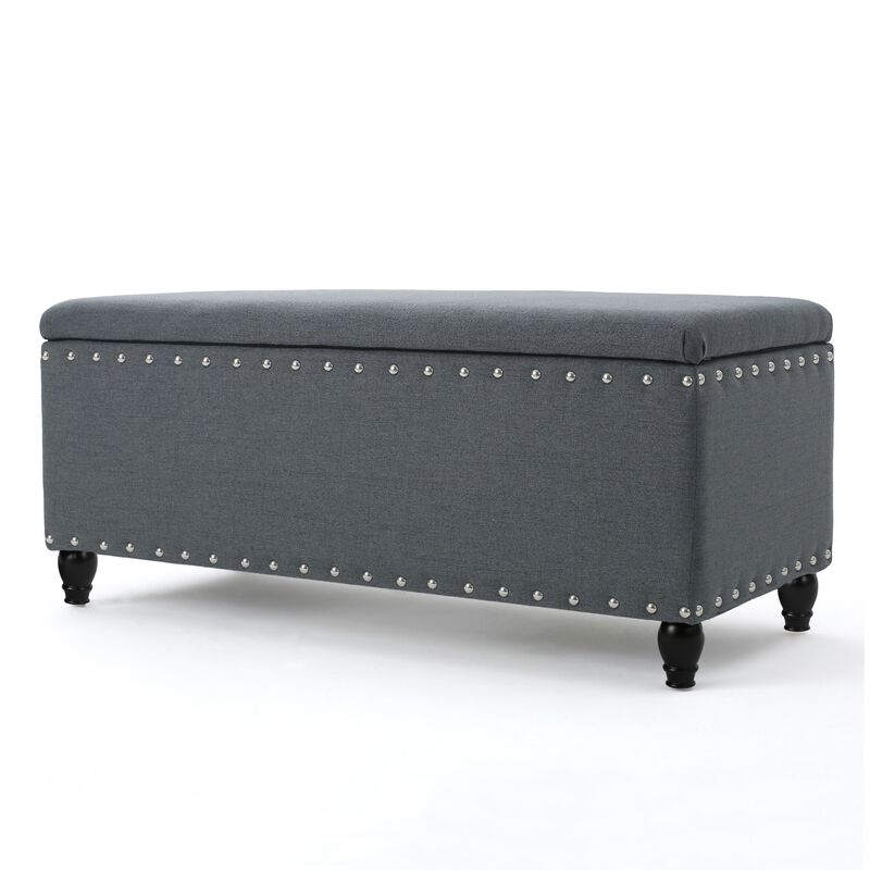 Sharon Storage Ottoman Bench, Dark Gray Fabric, Nailhead Trim, 42 Inch -Benzara