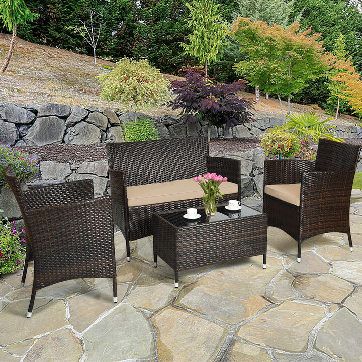 4 Pieces Comfortable Outdoor Rattan Sofa Set with Glass Coffee Table