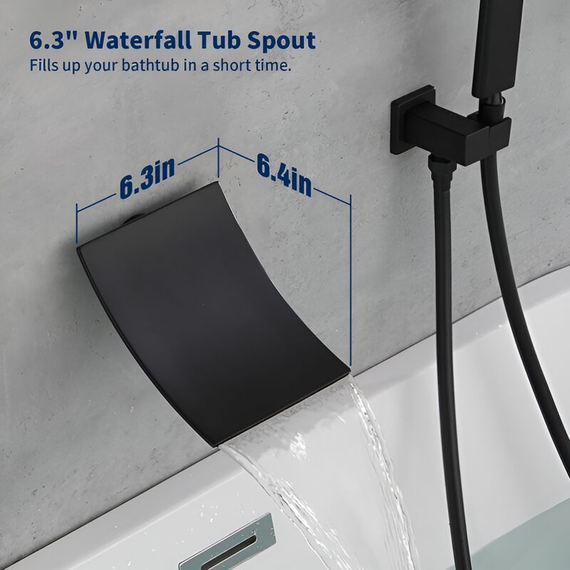 Waterfall Shower Head & Handheld, Single Handle Tub Faucet with Curved Spout