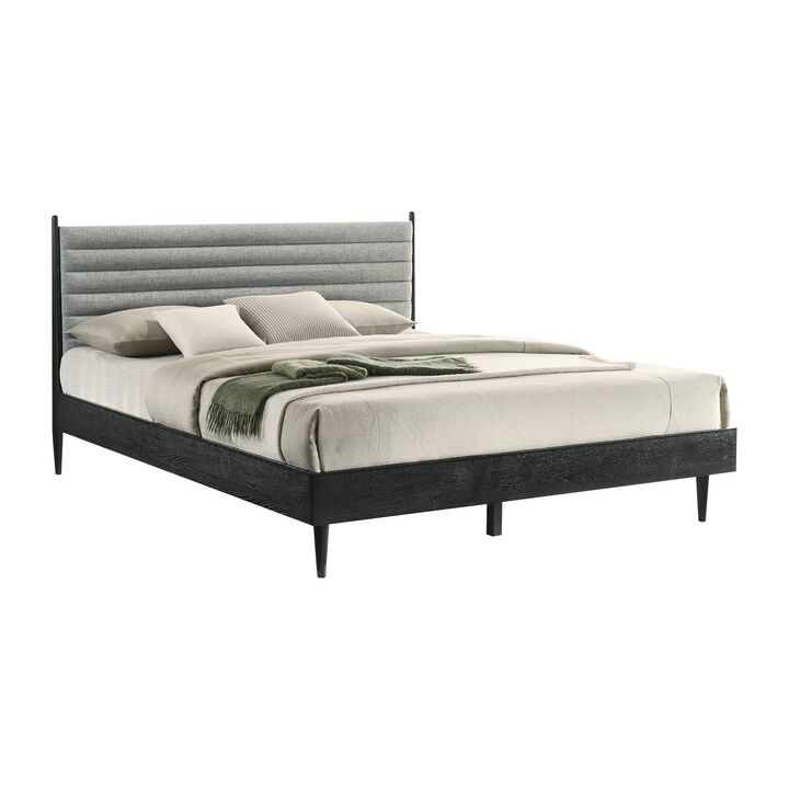 Benjara Mian King Platform Bed Frame, Channel Tufted, Black, Gray Upholstery