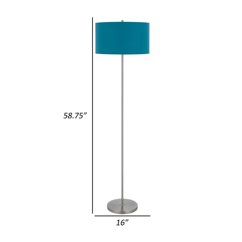 Sie 59 Inch Floor Lamp, Aqua Blue Linen Shade, Round Base, Silver Metal - Benzara