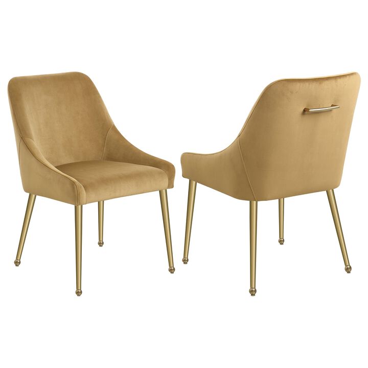 Maya Dining Side Chair Set of 2, Brown Velvet, Brass Plated Metal Legs - Benzara