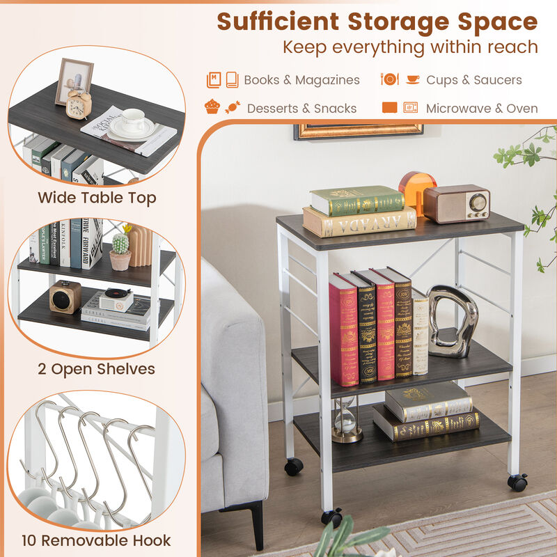3-Tier Kitchen Baker's Rack Microwave Oven Storage Cart with Hooks