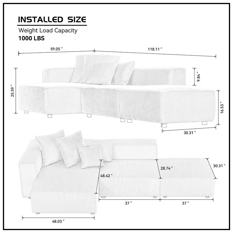Beige Corduroy Modular Sectional Sofa Set