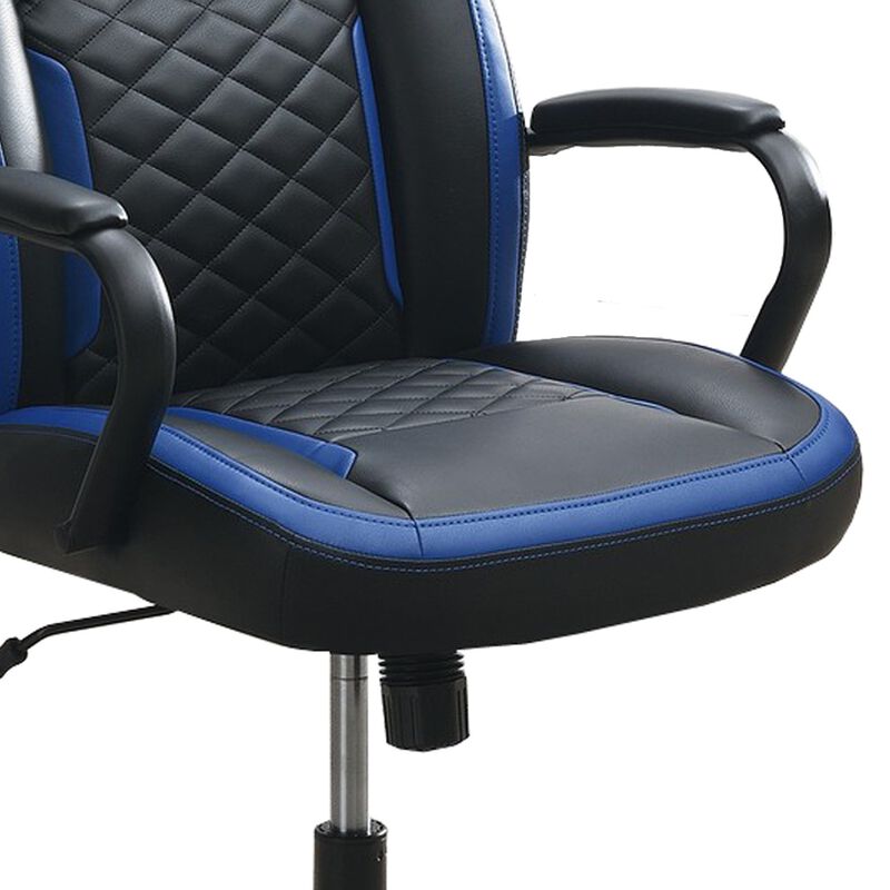 Ida 26 Inch Ergonomic Office Chair, Faux Leather Swivel Seat, Black, Blue-Benzara